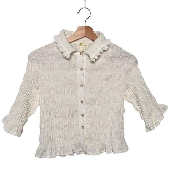 MAEVE Anthropologie Smocked Button Front Top XS Ivory Natural Cottagecore Chic - Picture 4 of 16